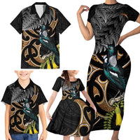 Aotearoa Kowhai Tui Bird Family Matching Short Sleeve Bodycon Dress and Hawaiian Shirt Maori Ngaru With Silver Fern LT14 - Polynesian Pride