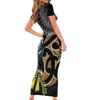 Aotearoa Kowhai Tui Bird Family Matching Short Sleeve Bodycon Dress and Hawaiian Shirt Maori Ngaru With Silver Fern LT14 - Polynesian Pride