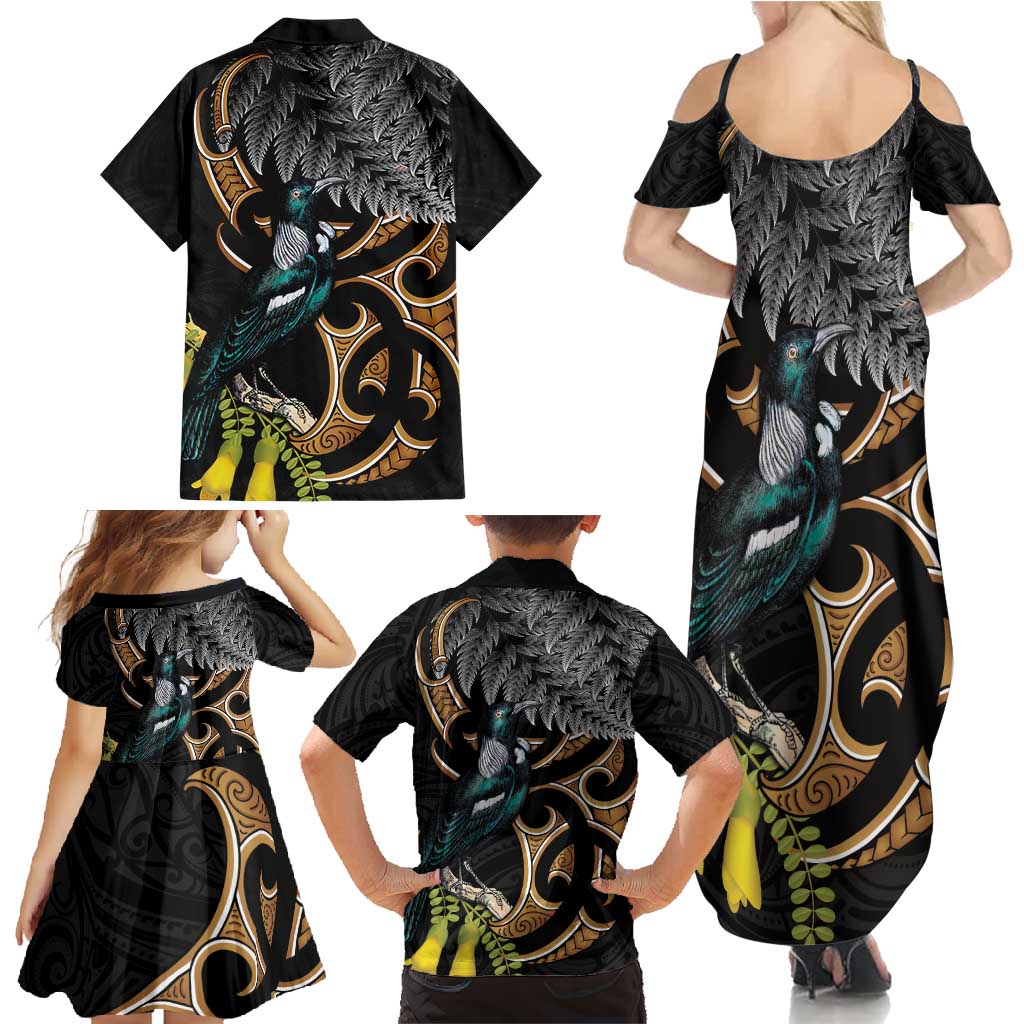 Aotearoa Kowhai Tui Bird Family Matching Summer Maxi Dress and Hawaiian Shirt Maori Ngaru With Silver Fern LT14 - Polynesian Pride