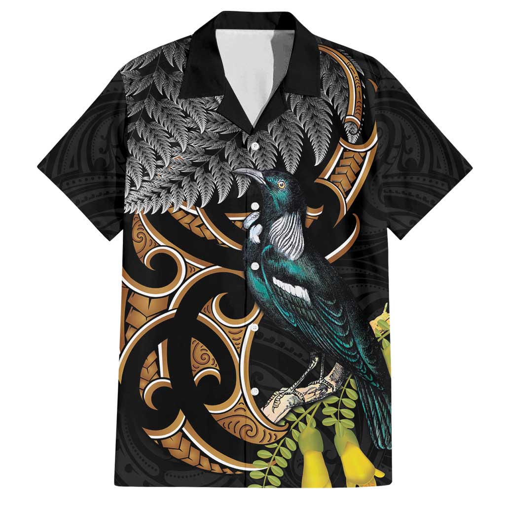 Aotearoa Kowhai Tui Bird Family Matching Summer Maxi Dress and Hawaiian Shirt Maori Ngaru With Silver Fern LT14 Dad's Shirt - Short Sleeve Black - Polynesian Pride