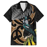 Aotearoa Kowhai Tui Bird Family Matching Summer Maxi Dress and Hawaiian Shirt Maori Ngaru With Silver Fern LT14 Dad's Shirt - Short Sleeve Black - Polynesian Pride