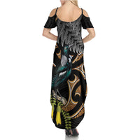 Aotearoa Kowhai Tui Bird Family Matching Summer Maxi Dress and Hawaiian Shirt Maori Ngaru With Silver Fern LT14 - Polynesian Pride