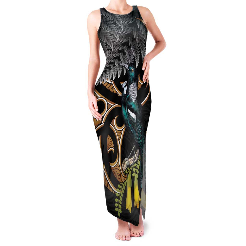 Aotearoa Kowhai Tui Bird Family Matching Tank Maxi Dress and Hawaiian Shirt Maori Ngaru With Silver Fern LT14 Mom's Dress Black - Polynesian Pride