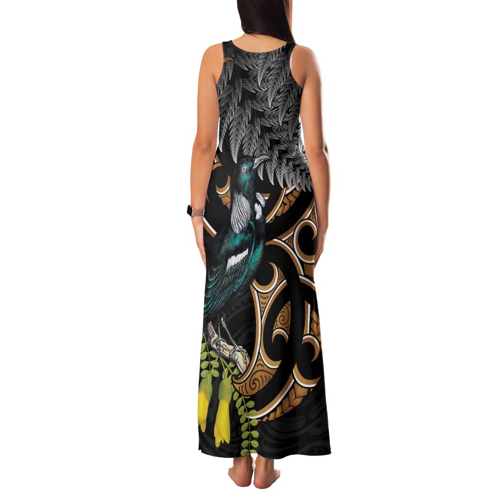 Aotearoa Kowhai Tui Bird Family Matching Tank Maxi Dress and Hawaiian Shirt Maori Ngaru With Silver Fern LT14 - Polynesian Pride