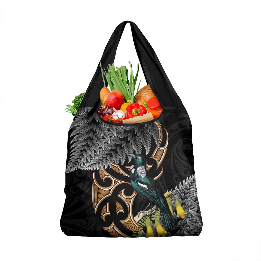 Aotearoa Kowhai Tui Bird Grocery Bag Maori Ngaru With Silver Fern LT14 1-pack One Size Black - Polynesian Pride