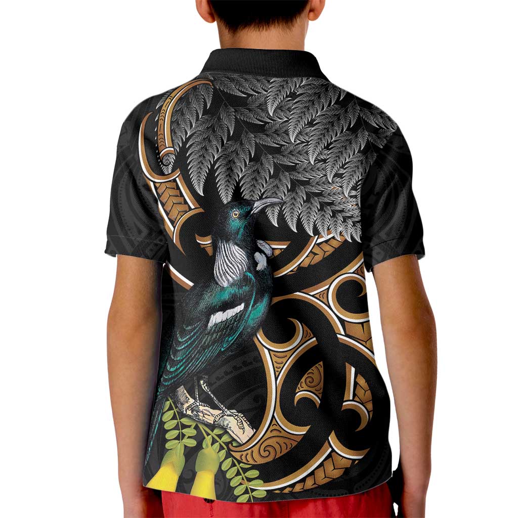 Aotearoa Kowhai Tui Bird Kid Polo Shirt Maori Ngaru With Silver Fern
