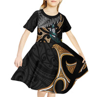 Aotearoa Kowhai Tui Bird Kid Short Sleeve Dress Maori Ngaru With Silver Fern