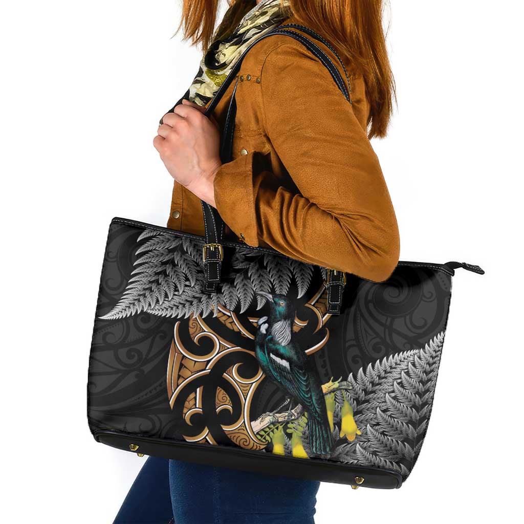 Aotearoa Kowhai Tui Bird Leather Tote Bag Maori Ngaru With Silver Fern