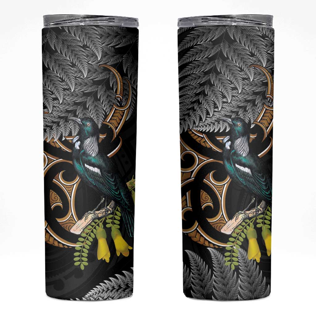 Aotearoa Kowhai Tui Bird Skinny Tumbler Maori Ngaru With Silver Fern LT14 Black - Polynesian Pride