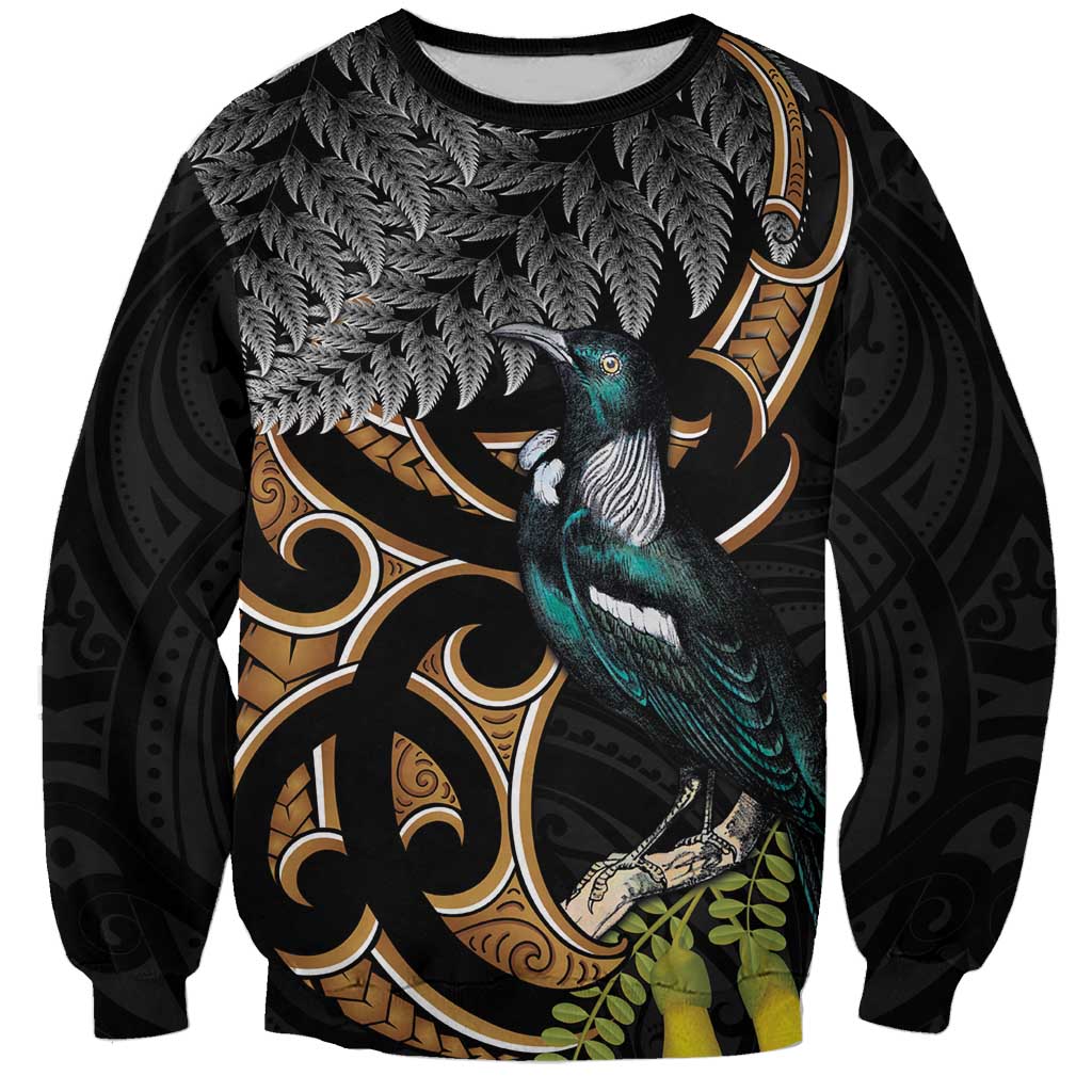 Aotearoa Kowhai Tui Bird Sweatshirt Maori Ngaru With Silver Fern LT14 Unisex Black - Polynesian Pride