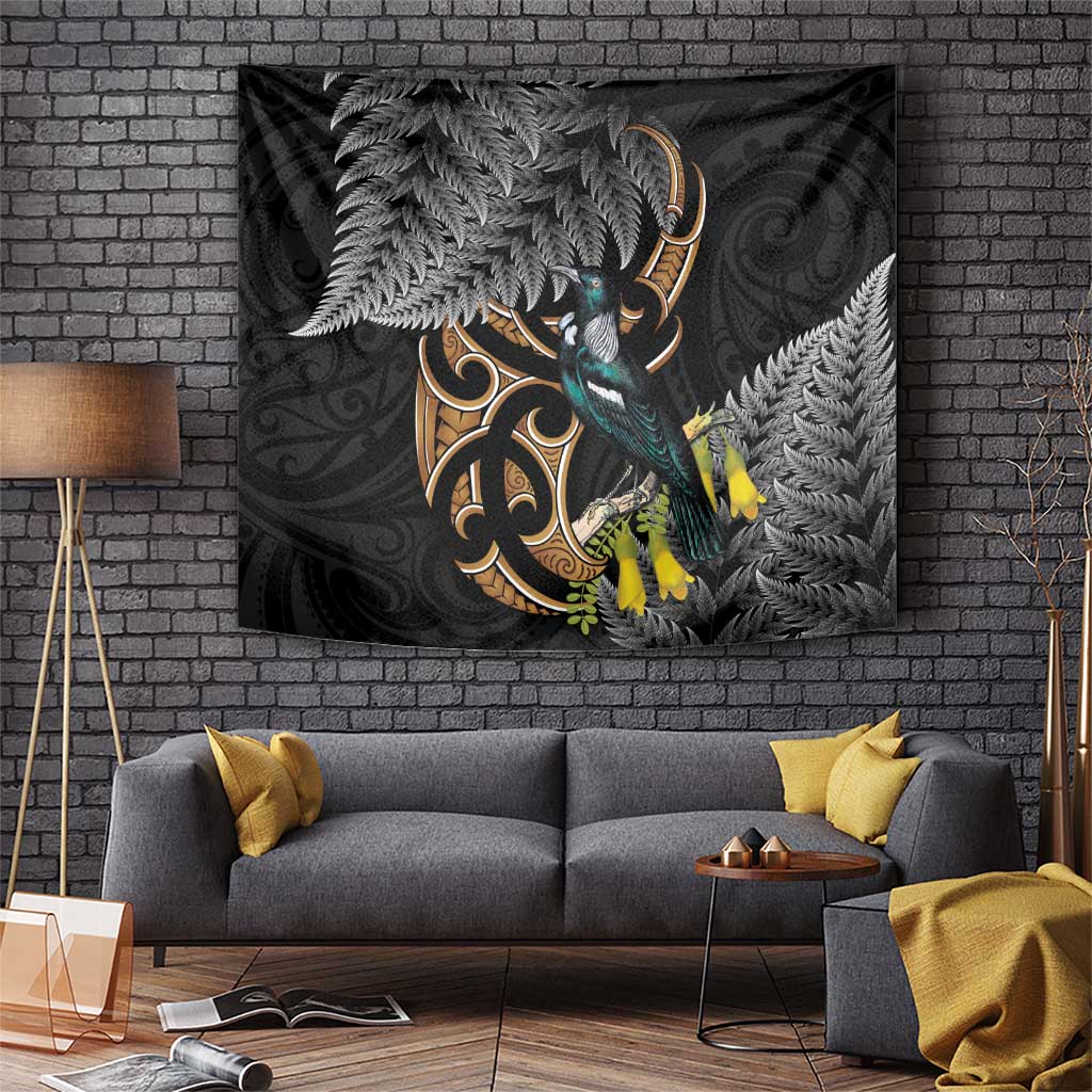 Aotearoa Kowhai Tui Bird Tapestry Maori Ngaru With Silver Fern LT14 Black - Polynesian Pride