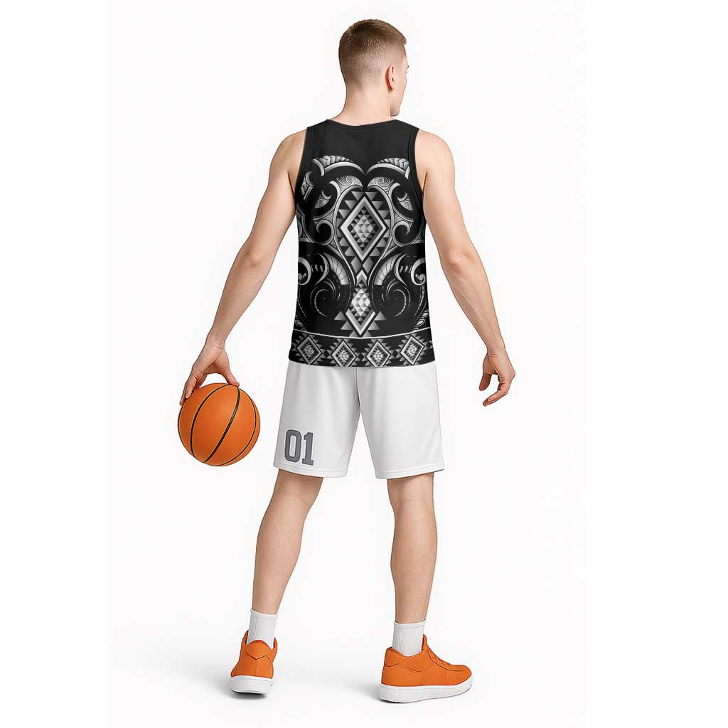 Black Ngaru Taniko With Aotearoa Maori Tattoo Basketball Jersey - Polynesian Pride