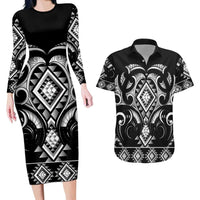 Black Ngaru Taniko With Aotearoa Maori Tattoo Couples Matching Long Sleeve Bodycon Dress and Hawaiian Shirt LT14 Black - Polynesian Pride