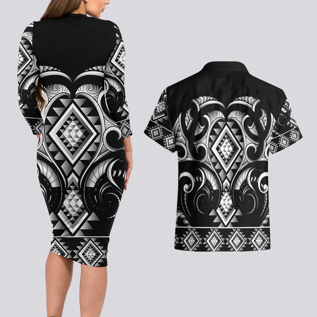 Black Ngaru Taniko With Aotearoa Maori Tattoo Couples Matching Long Sleeve Bodycon Dress and Hawaiian Shirt LT14 - Polynesian Pride