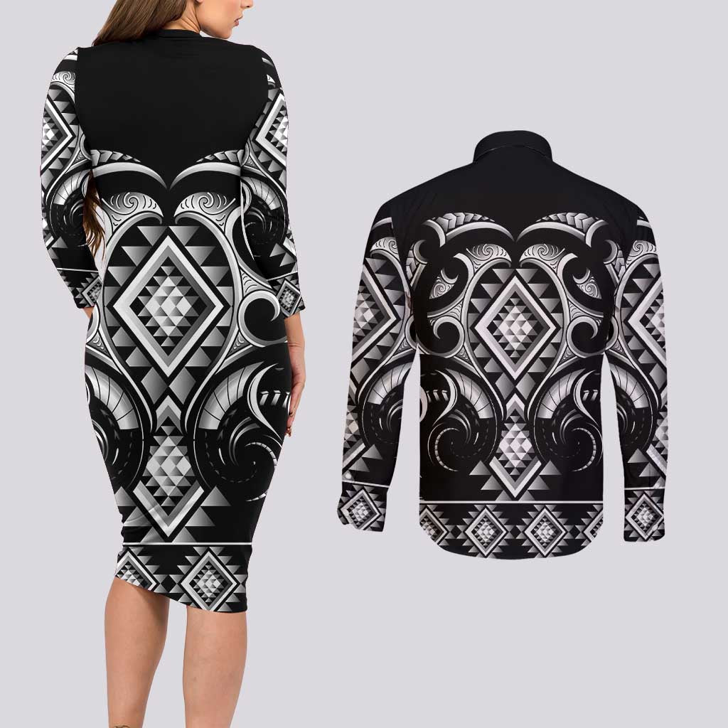 Black Ngaru Taniko With Aotearoa Maori Tattoo Couples Matching Long Sleeve Bodycon Dress and Long Sleeve Button Shirt