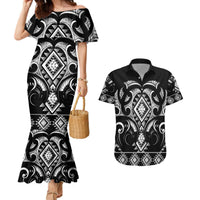 Black Ngaru Taniko With Aotearoa Maori Tattoo Couples Matching Mermaid Dress and Hawaiian Shirt LT14 Black - Polynesian Pride