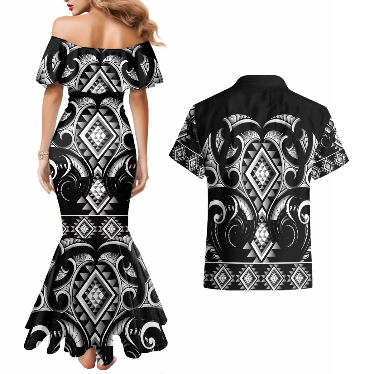 Black Ngaru Taniko With Aotearoa Maori Tattoo Couples Matching Mermaid Dress and Hawaiian Shirt LT14 - Polynesian Pride
