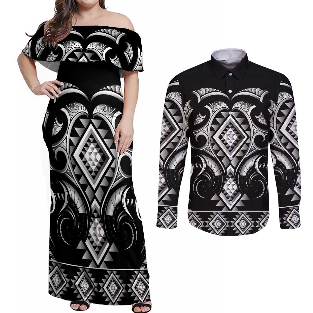 Black Ngaru Taniko With Aotearoa Maori Tattoo Couples Matching Off Shoulder Maxi Dress and Long Sleeve Button Shirt