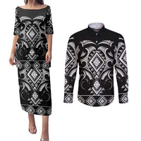 Black Ngaru Taniko With Aotearoa Maori Tattoo Couples Matching Puletasi and Long Sleeve Button Shirt