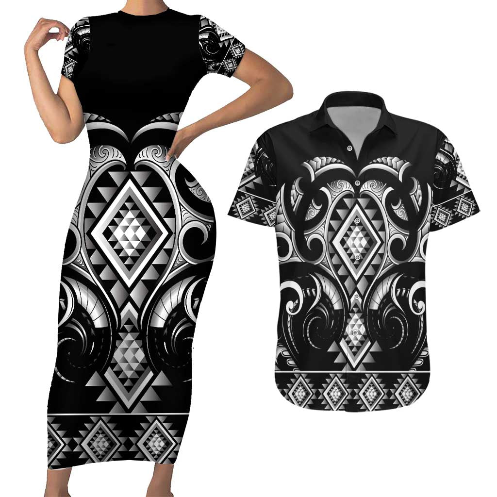 Black Ngaru Taniko With Aotearoa Maori Tattoo Couples Matching Short Sleeve Bodycon Dress and Hawaiian Shirt LT14 Black - Polynesian Pride