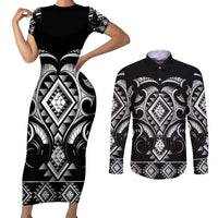 Black Ngaru Taniko With Aotearoa Maori Tattoo Couples Matching Short Sleeve Bodycon Dress and Long Sleeve Button Shirt