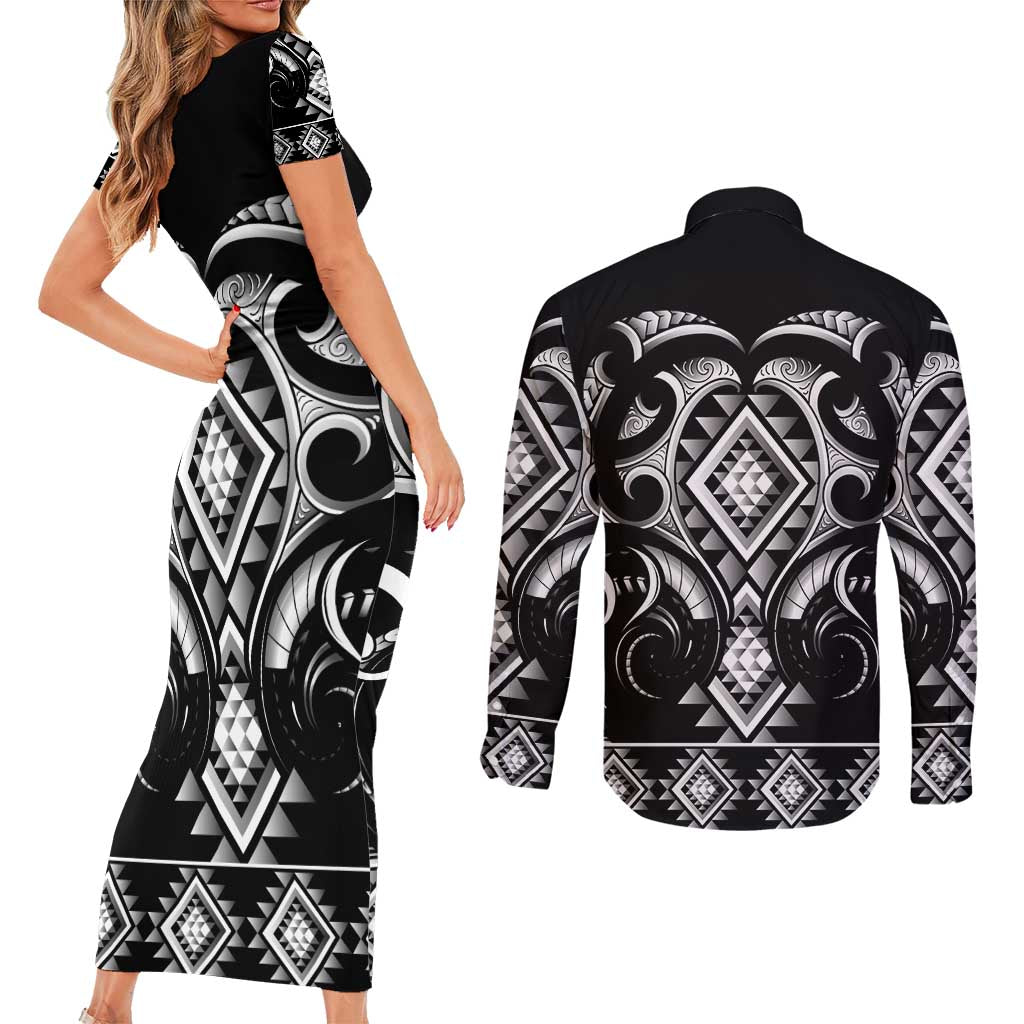 Black Ngaru Taniko With Aotearoa Maori Tattoo Couples Matching Short Sleeve Bodycon Dress and Long Sleeve Button Shirt