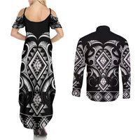 Black Ngaru Taniko With Aotearoa Maori Tattoo Couples Matching Summer Maxi Dress and Long Sleeve Button Shirt