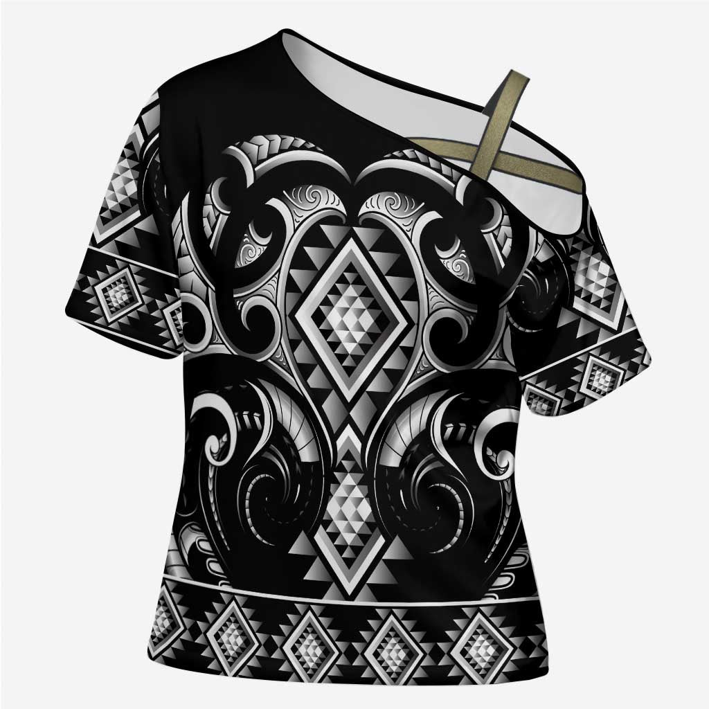 Black Ngaru Taniko With Aotearoa Maori Tattoo Cross Shoulder Shirt - Polynesian Pride