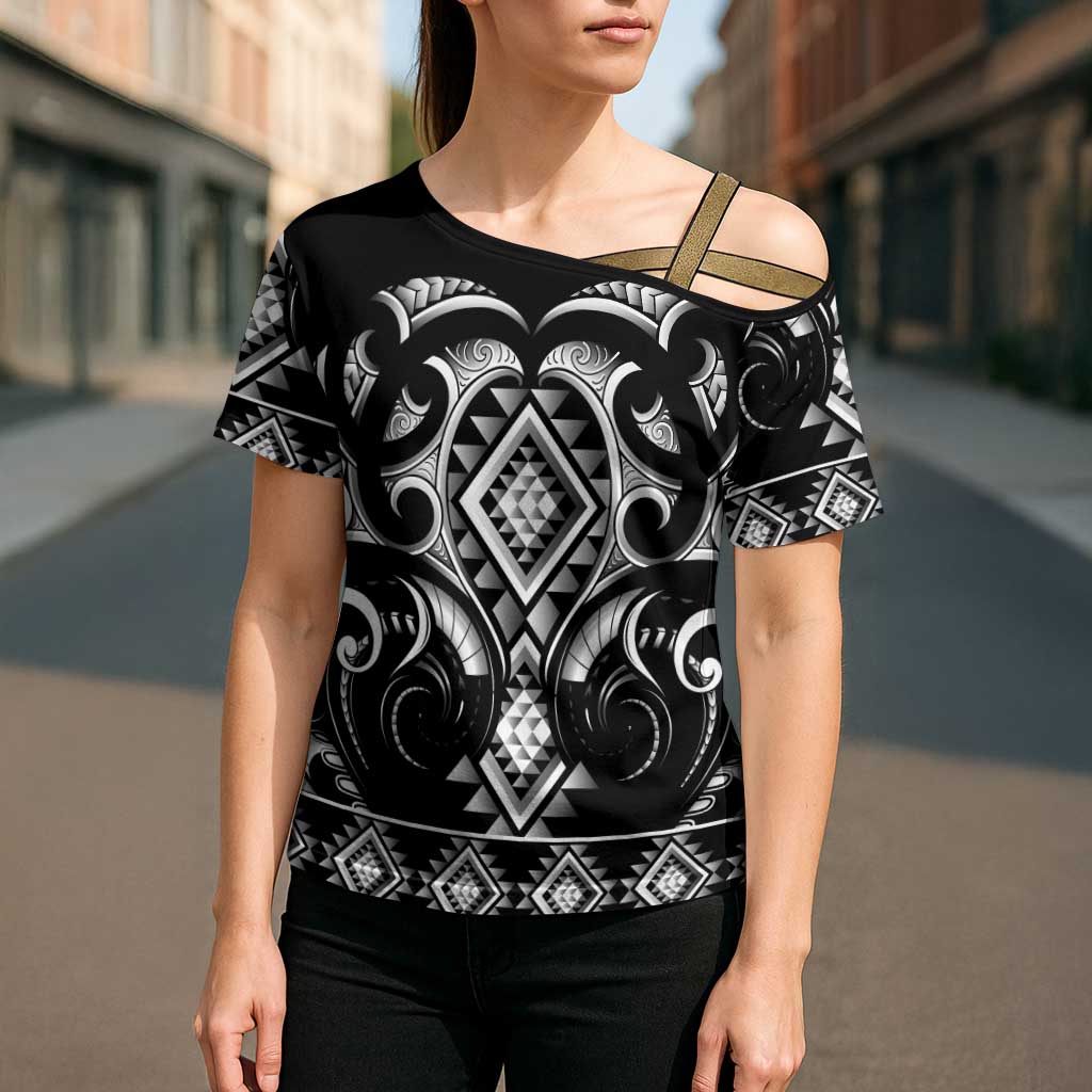 Black Ngaru Taniko With Aotearoa Maori Tattoo Cross Shoulder Shirt - Polynesian Pride