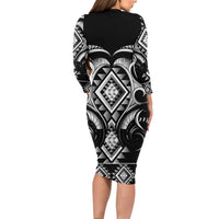 Black Ngaru Taniko With Aotearoa Maori Tattoo Family Matching Long Sleeve Bodycon Dress and Hawaiian Shirt LT14 - Polynesian Pride