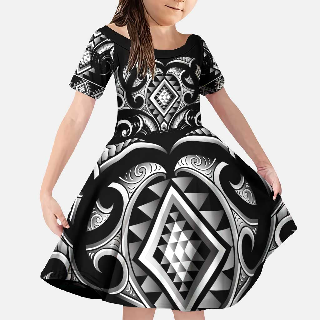 Black Ngaru Taniko With Aotearoa Maori Tattoo Family Matching Mermaid Dress and Hawaiian Shirt LT14 Daughter's Dress Black - Polynesian Pride
