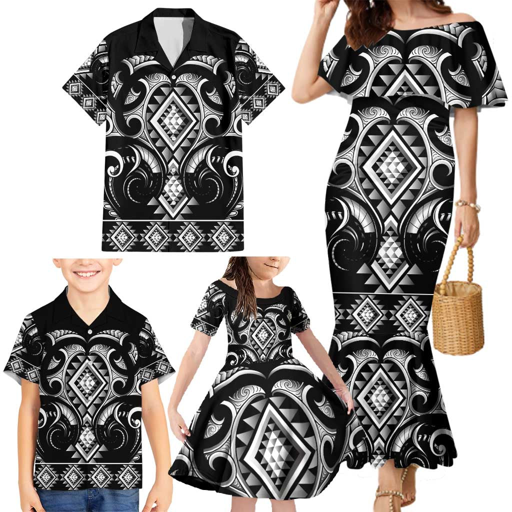 Black Ngaru Taniko With Aotearoa Maori Tattoo Family Matching Mermaid Dress and Hawaiian Shirt LT14 - Polynesian Pride