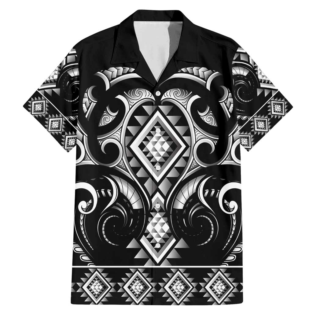 Black Ngaru Taniko With Aotearoa Maori Tattoo Family Matching Mermaid Dress and Hawaiian Shirt LT14 Dad's Shirt - Short Sleeve Black - Polynesian Pride