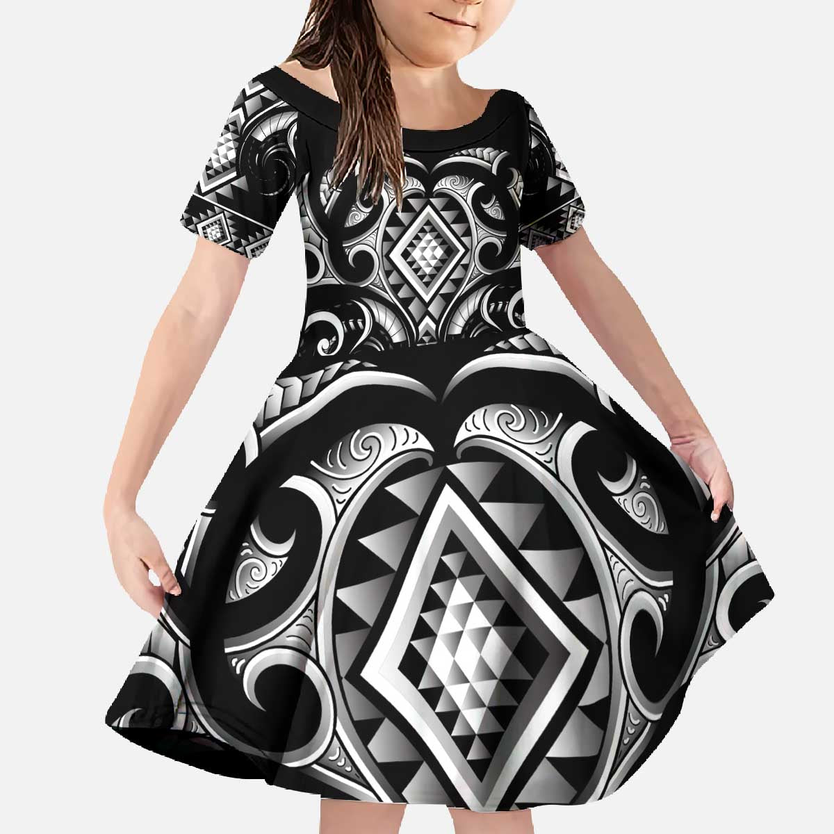 Black Ngaru Taniko With Aotearoa Maori Tattoo Family Matching Off The Shoulder Long Sleeve Dress and Hawaiian Shirt LT14 Daughter's Dress Black - Polynesian Pride