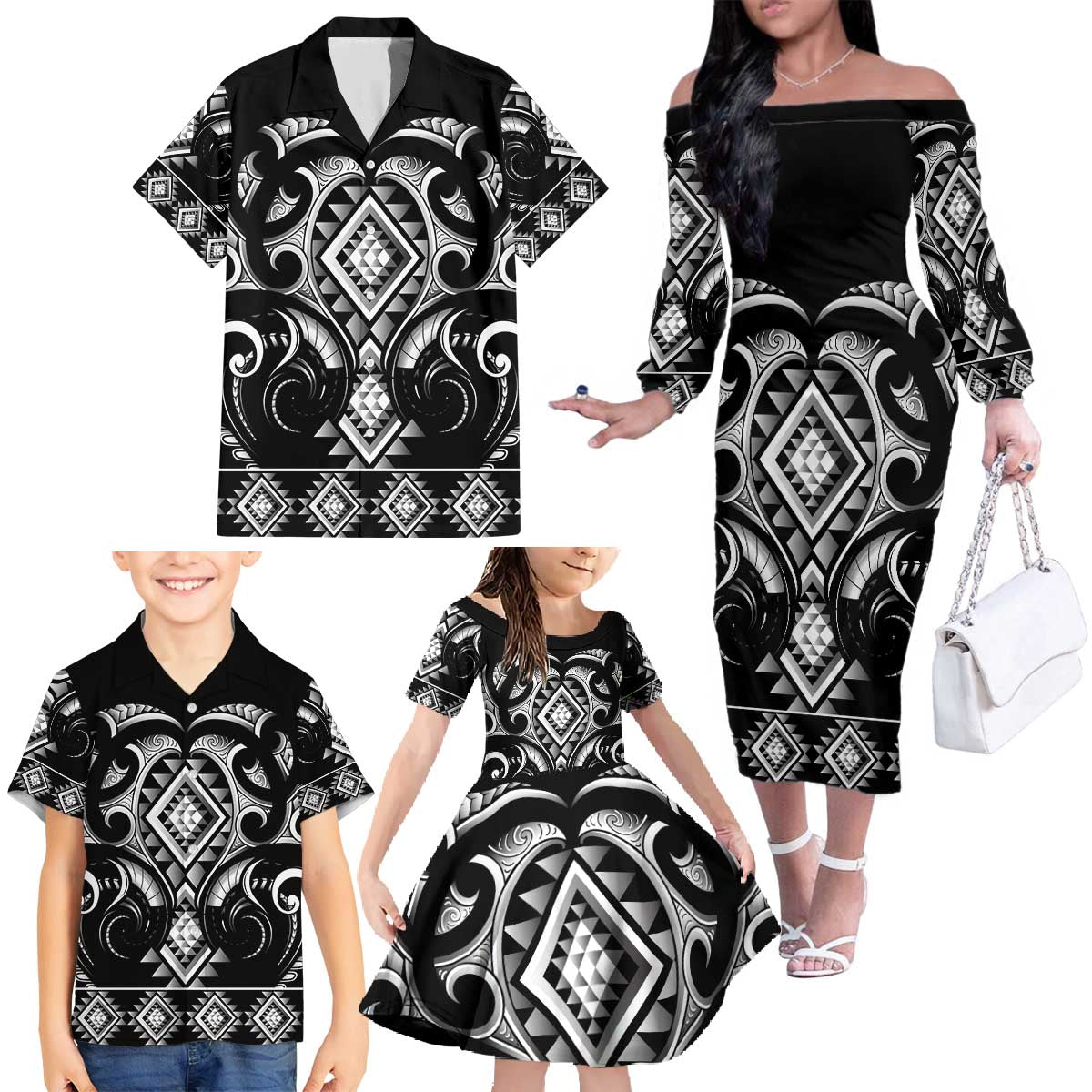 Black Ngaru Taniko With Aotearoa Maori Tattoo Family Matching Off The Shoulder Long Sleeve Dress and Hawaiian Shirt LT14 - Polynesian Pride