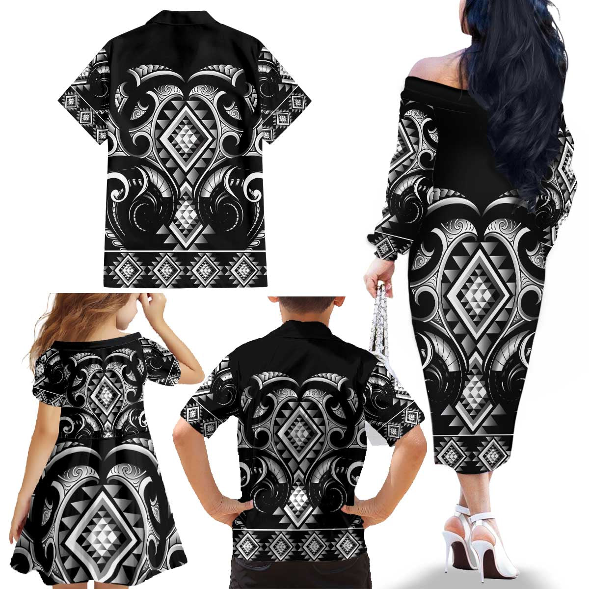 Black Ngaru Taniko With Aotearoa Maori Tattoo Family Matching Off The Shoulder Long Sleeve Dress and Hawaiian Shirt LT14 - Polynesian Pride