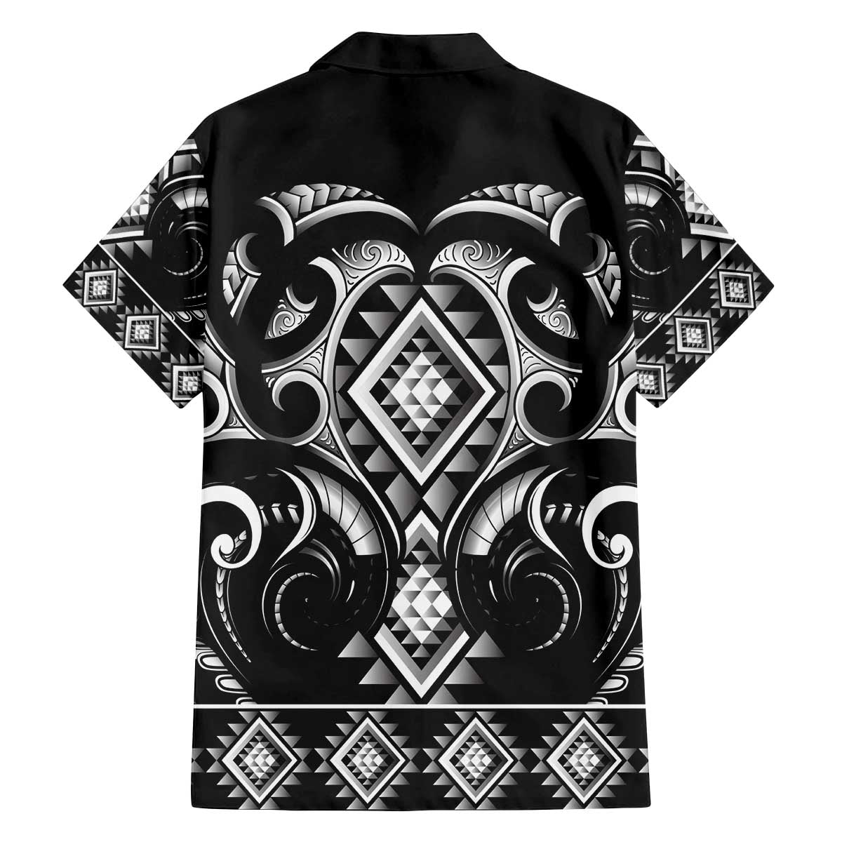 Black Ngaru Taniko With Aotearoa Maori Tattoo Family Matching Off The Shoulder Long Sleeve Dress and Hawaiian Shirt LT14 - Polynesian Pride