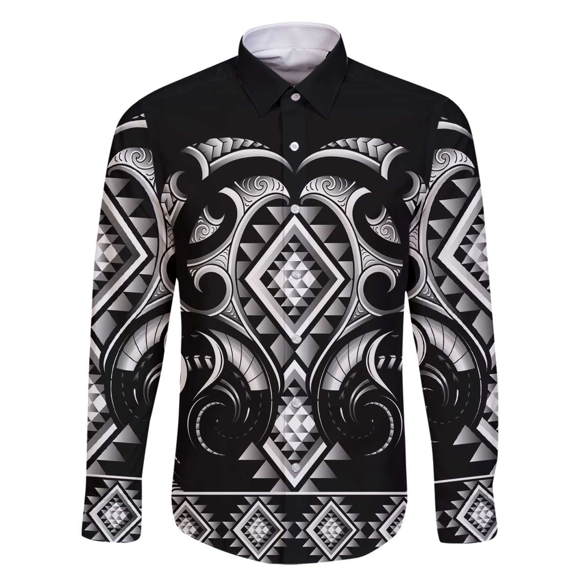 Black Ngaru Taniko With Aotearoa Maori Tattoo Family Matching Off The Shoulder Long Sleeve Dress and Hawaiian Shirt LT14 Dad's Shirt - Long Sleeve Black - Polynesian Pride