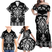 Black Ngaru Taniko With Aotearoa Maori Tattoo Family Matching Off Shoulder Maxi Dress and Hawaiian Shirt LT14 - Polynesian Pride