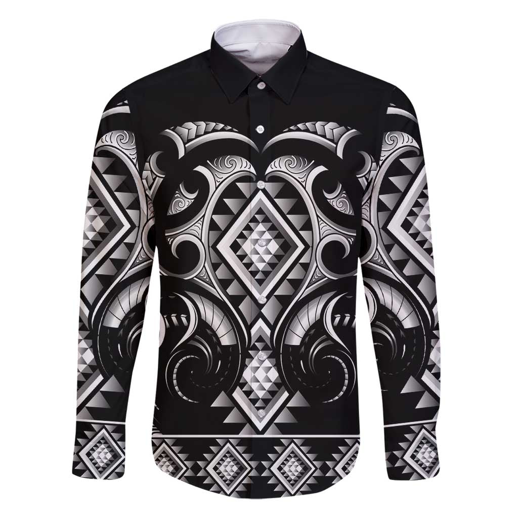 Black Ngaru Taniko With Aotearoa Maori Tattoo Family Matching Off Shoulder Maxi Dress and Hawaiian Shirt LT14 Dad's Shirt - Long Sleeve Black - Polynesian Pride