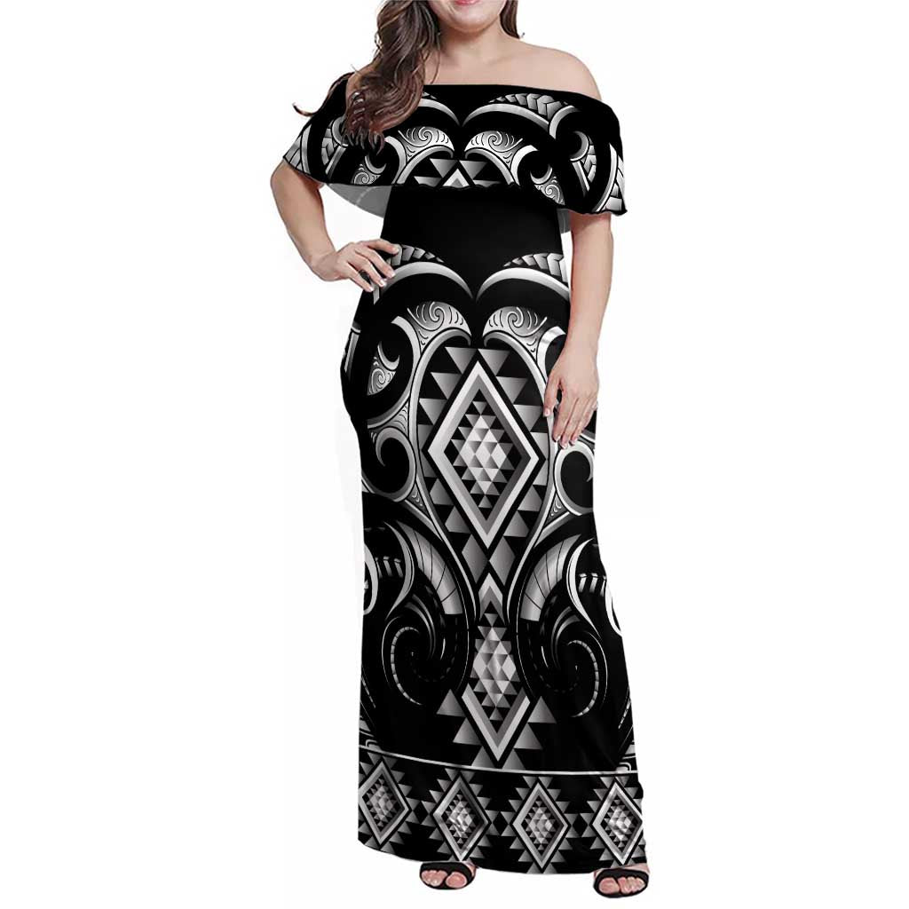Black Ngaru Taniko With Aotearoa Maori Tattoo Family Matching Off Shoulder Maxi Dress and Hawaiian Shirt LT14 Mom's Dress Black - Polynesian Pride