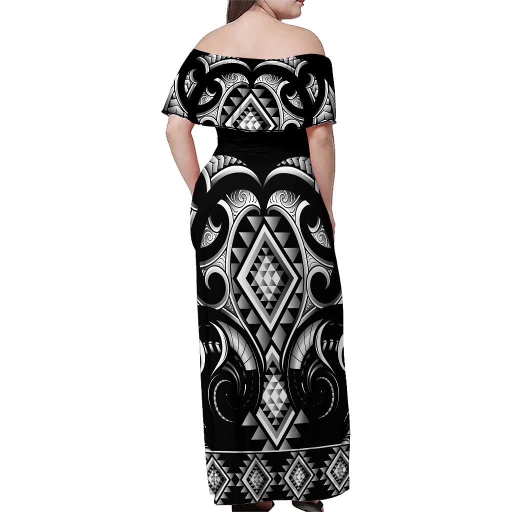 Black Ngaru Taniko With Aotearoa Maori Tattoo Family Matching Off Shoulder Maxi Dress and Hawaiian Shirt LT14 - Polynesian Pride