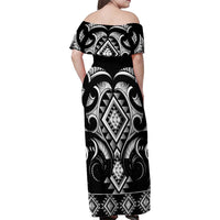Black Ngaru Taniko With Aotearoa Maori Tattoo Family Matching Off Shoulder Maxi Dress and Hawaiian Shirt LT14 - Polynesian Pride