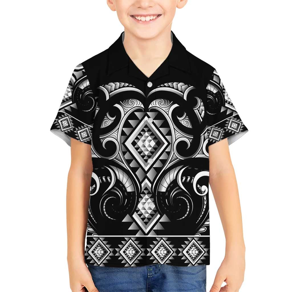 Black Ngaru Taniko With Aotearoa Maori Tattoo Family Matching Off Shoulder Maxi Dress and Hawaiian Shirt LT14 Son's Shirt Black - Polynesian Pride