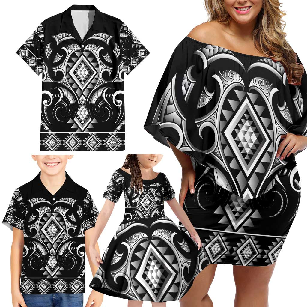 Black Ngaru Taniko With Aotearoa Maori Tattoo Family Matching Off Shoulder Short Dress and Hawaiian Shirt LT14 - Polynesian Pride