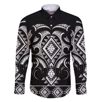 Black Ngaru Taniko With Aotearoa Maori Tattoo Family Matching Off Shoulder Short Dress and Hawaiian Shirt LT14 Dad's Shirt - Long Sleeve Black - Polynesian Pride