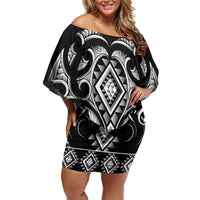 Black Ngaru Taniko With Aotearoa Maori Tattoo Family Matching Off Shoulder Short Dress and Hawaiian Shirt LT14 Mom's Dress Black - Polynesian Pride