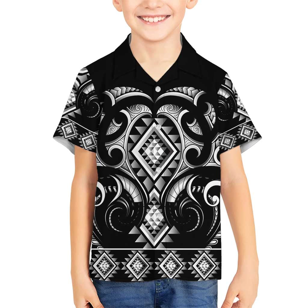 Black Ngaru Taniko With Aotearoa Maori Tattoo Family Matching Off Shoulder Short Dress and Hawaiian Shirt LT14 Son's Shirt Black - Polynesian Pride