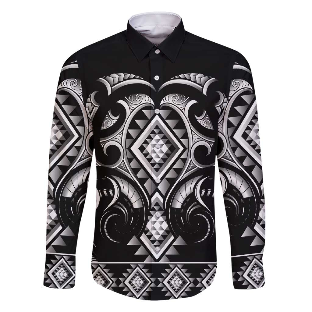 Black Ngaru Taniko With Aotearoa Maori Tattoo Family Matching Short Sleeve Bodycon Dress and Hawaiian Shirt LT14 Dad's Shirt - Long Sleeve Black - Polynesian Pride