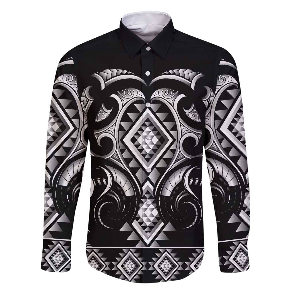 Black Ngaru Taniko With Aotearoa Maori Tattoo Family Matching Summer Maxi Dress and Hawaiian Shirt LT14 Dad's Shirt - Long Sleeve Black - Polynesian Pride
